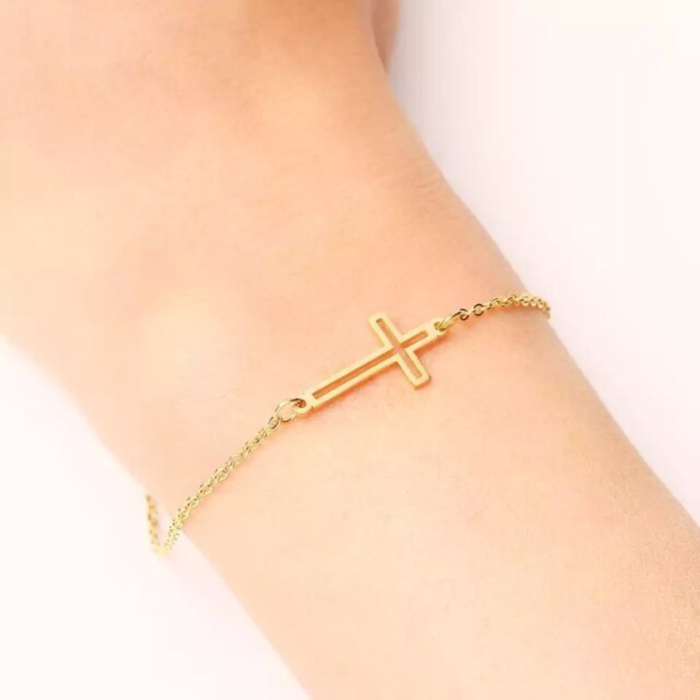 Stainless Steel Women Gold Cross Bracelet - Picture 2 of 4